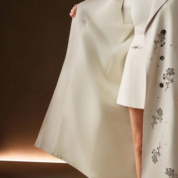 Beige Women's Party Long Trench Coat with 3d Beaded Embroidery - Picture 5 of 8